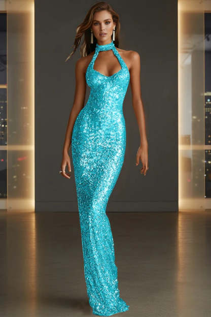 Cocosbride Sparkly Halter Sleeveless Mermaid Sequined Prom Dress