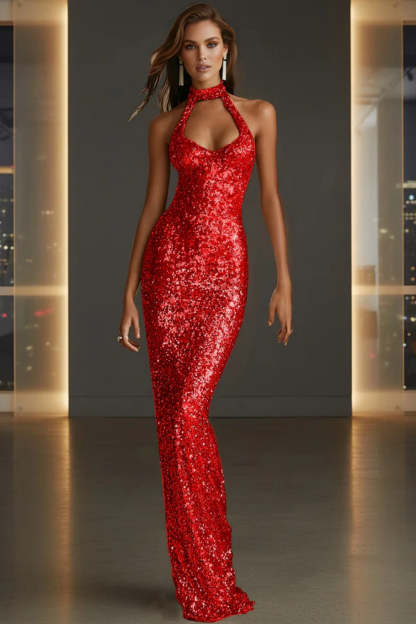 Cocosbride Sparkly Halter Sleeveless Mermaid Sequined Prom Dress