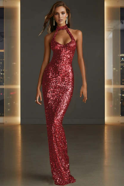 Cocosbride Sparkly Halter Sleeveless Mermaid Sequined Prom Dress