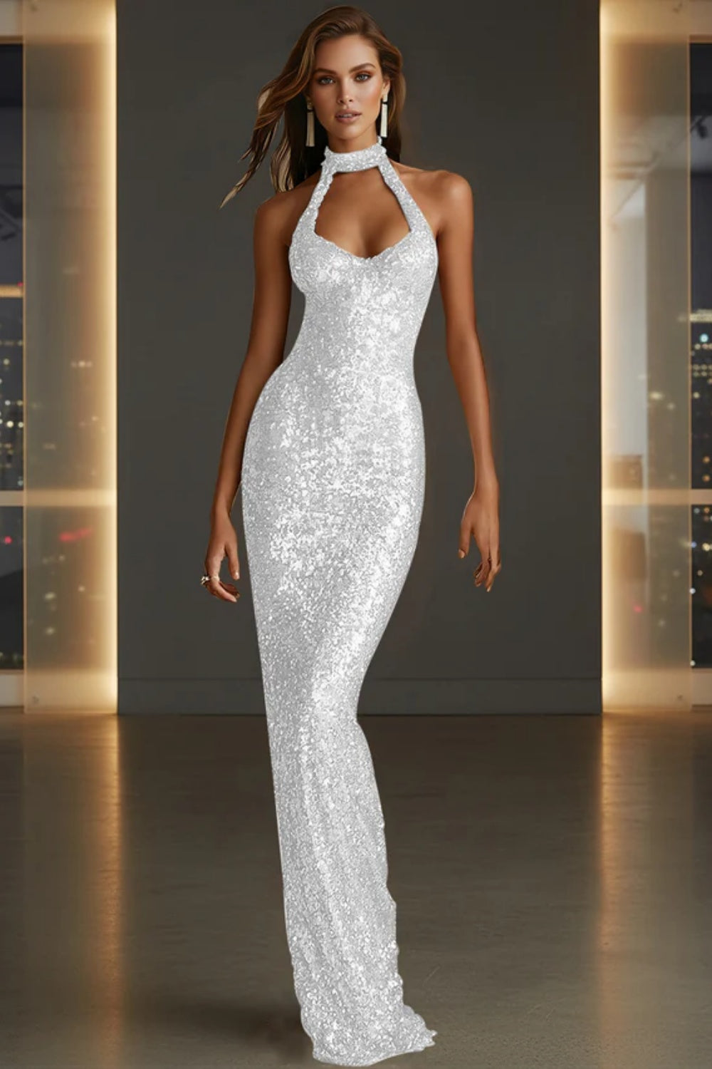 Cocosbride Sparkly Halter Sleeveless Mermaid Sequined Prom Dress