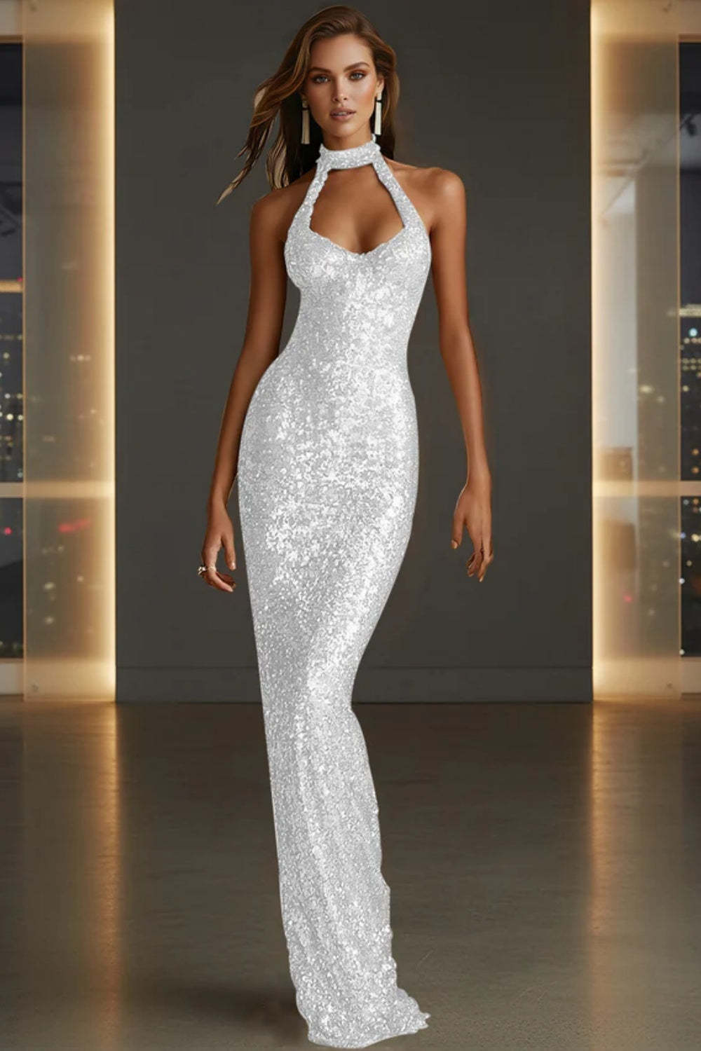 Cocosbride Sparkly Halter Sleeveless Mermaid Sequined Prom Dress