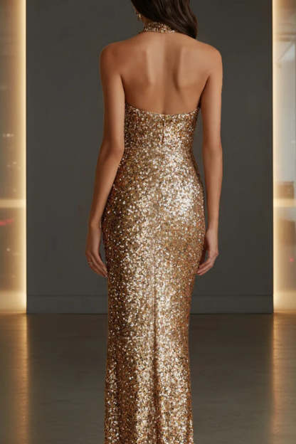 Cocosbride Sparkly Halter Sleeveless Mermaid Sequined Prom Dress