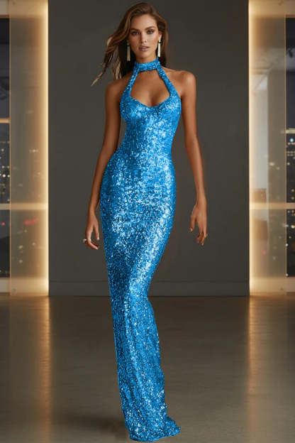 Cocosbride Sparkly Halter Sleeveless Mermaid Sequined Prom Dress