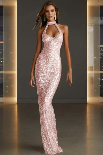 Cocosbride Sparkly Halter Sleeveless Mermaid Sequined Prom Dress