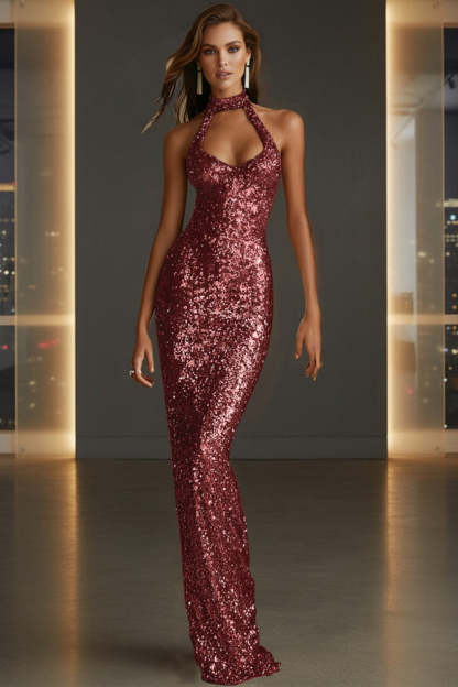 Cocosbride Sparkly Halter Sleeveless Mermaid Sequined Prom Dress