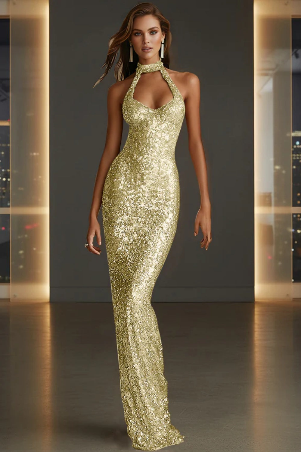 Cocosbride Sparkly Halter Sleeveless Mermaid Sequined Prom Dress