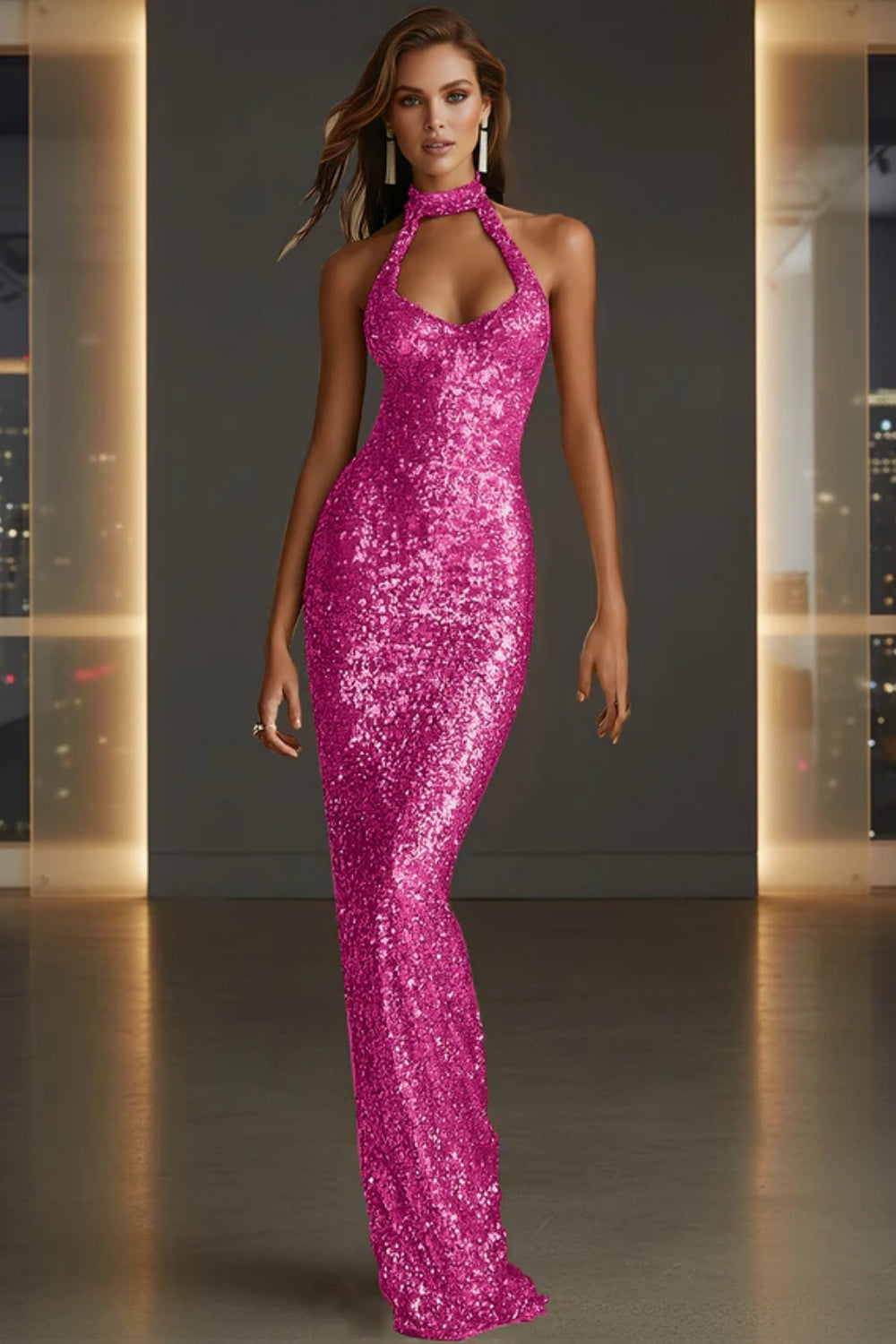 Cocosbride Sparkly Halter Sleeveless Mermaid Sequined Prom Dress