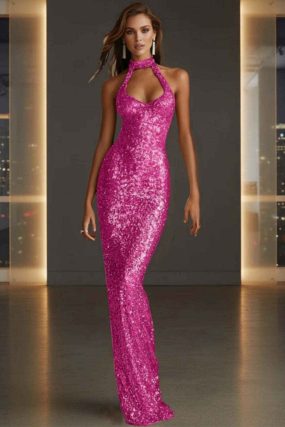 Cocosbride Sparkly Halter Sleeveless Mermaid Sequined Prom Dress