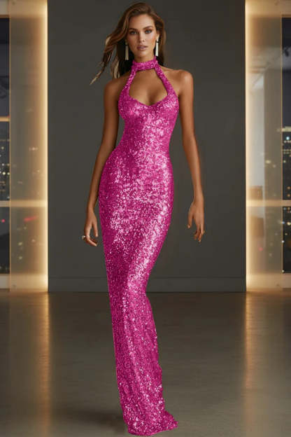 Cocosbride Sparkly Halter Sleeveless Mermaid Sequined Prom Dress