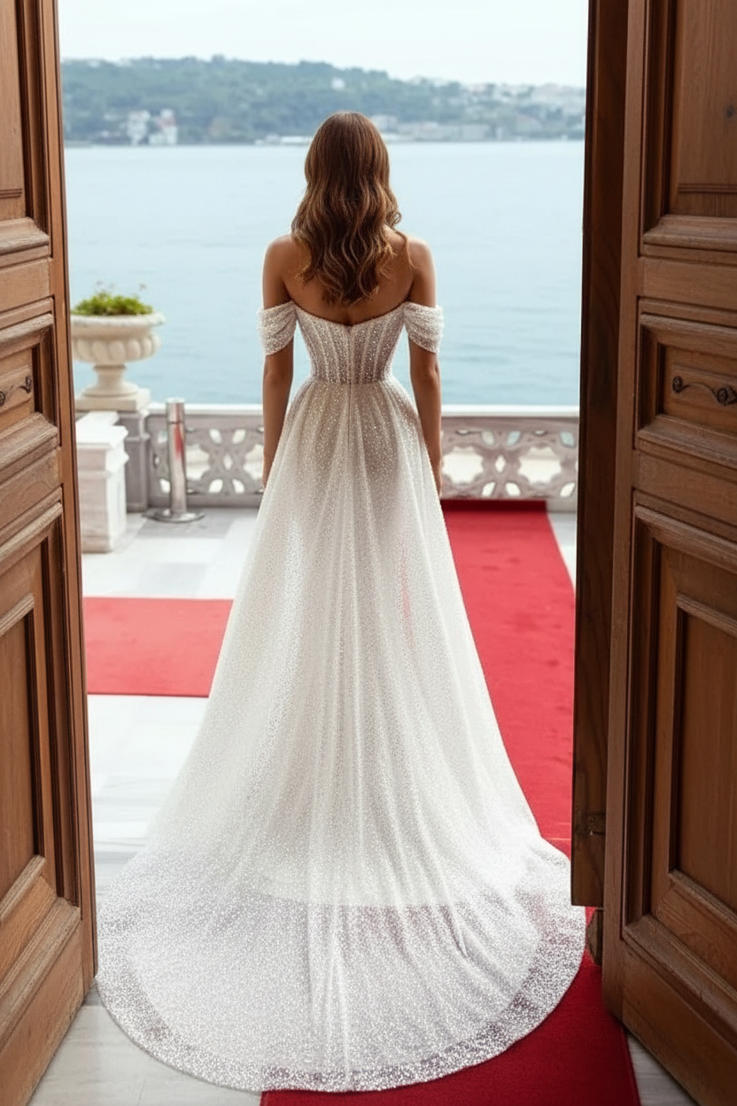 Sparkly Long Mermaid Off The Shoulder Sequins Wedding Dress With Detachable Sweep Train