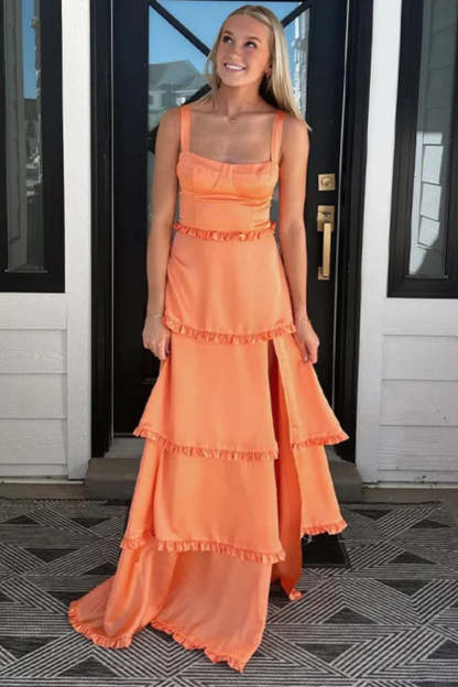 Cocosbride Simple Square Neck  A-line Chiffon Formal Dress with Split