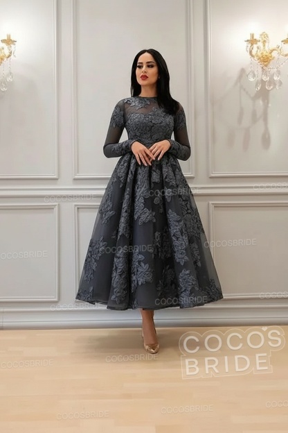 Elegant Short A-line High Neck Lace Ankle Length Formal Evening Dress with Sleeves