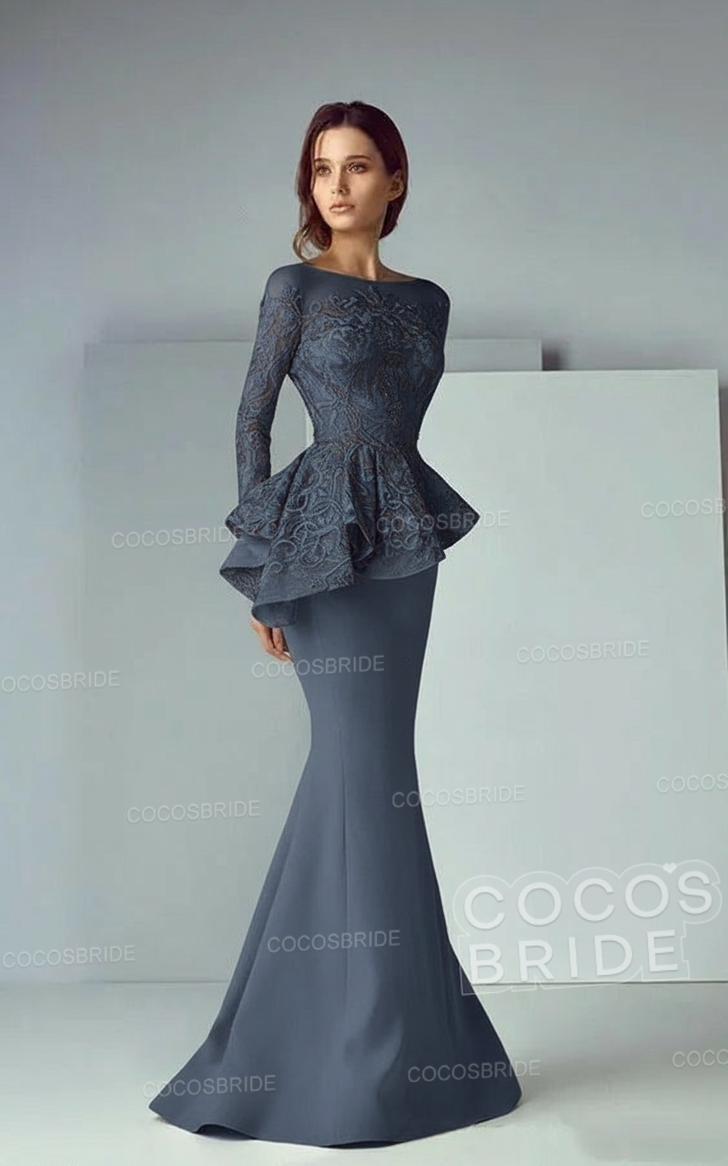 Modest Long Mermaid Lace Satin Formal Prom Dresses with Sleeves