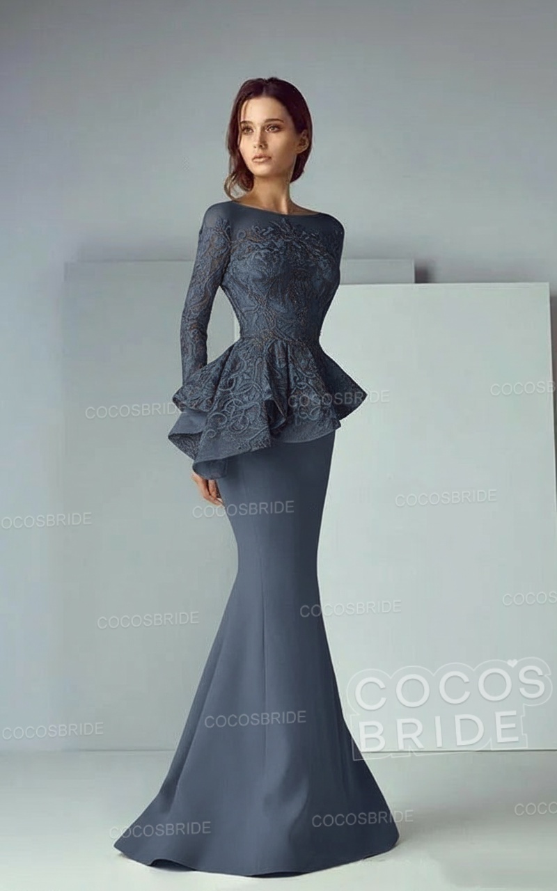 Modest Long Mermaid Lace Satin Formal Prom Dresses with Sleeves