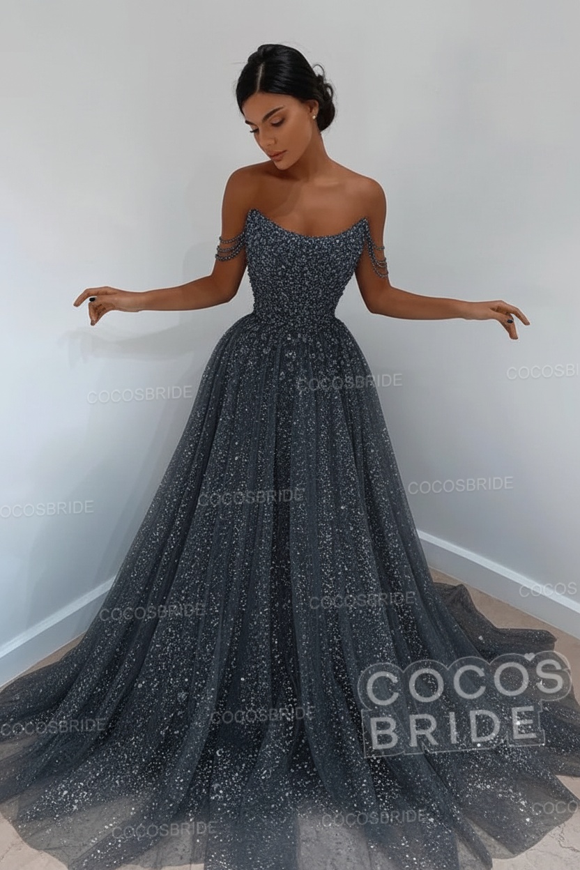 Long A-line Sparkly Sleeveless Sequined Formal Prom Dress