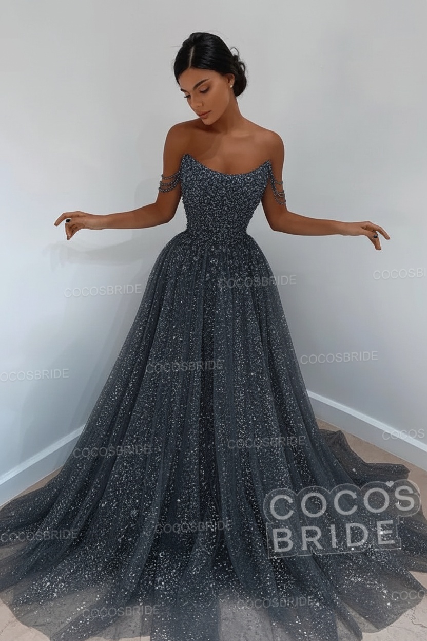 Long A-line Sparkly Sleeveless Sequined Formal Prom Dress