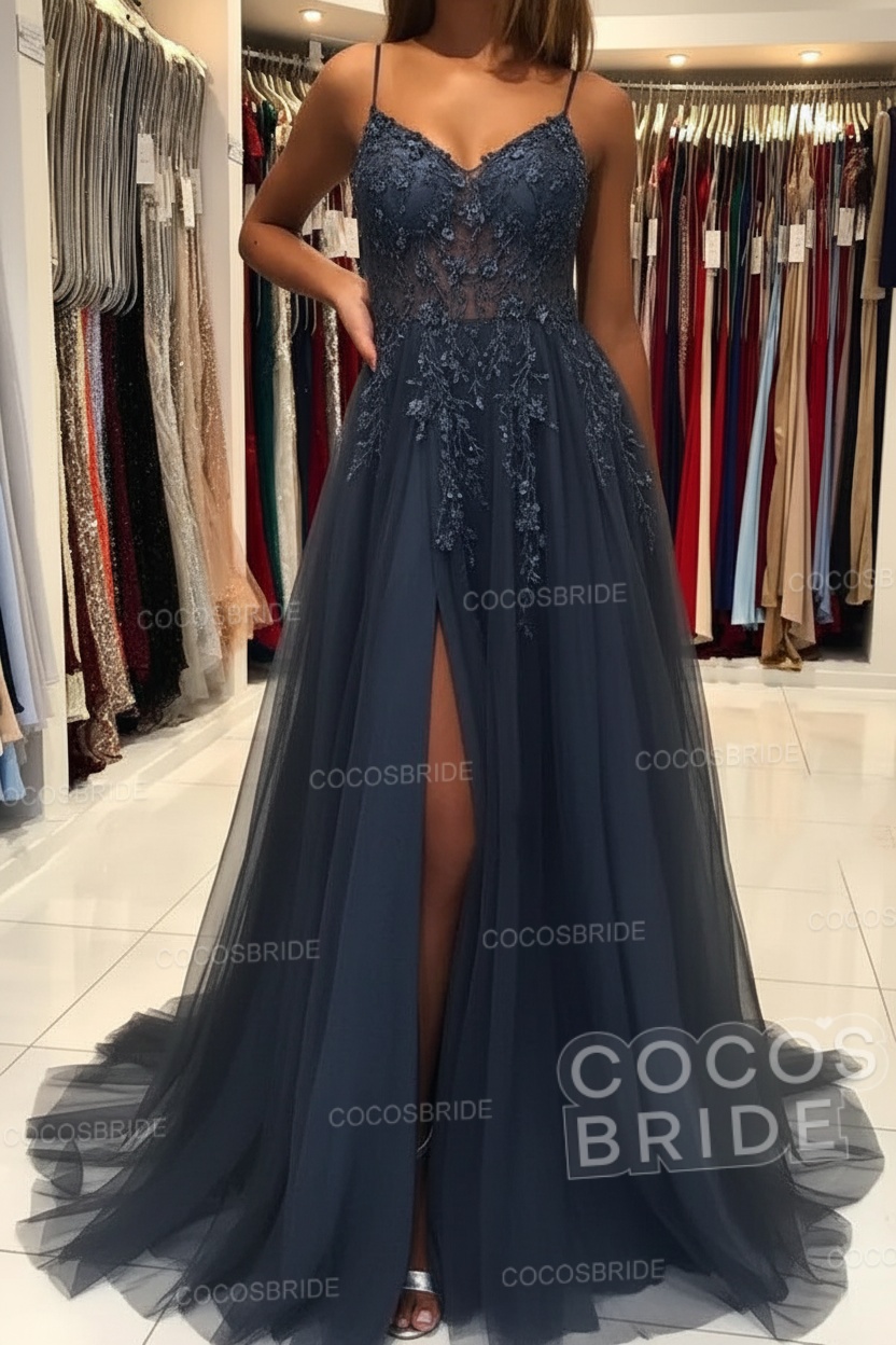 Long A-line V-neck Spaghetti Straps Open Back Prom Dress with Slit