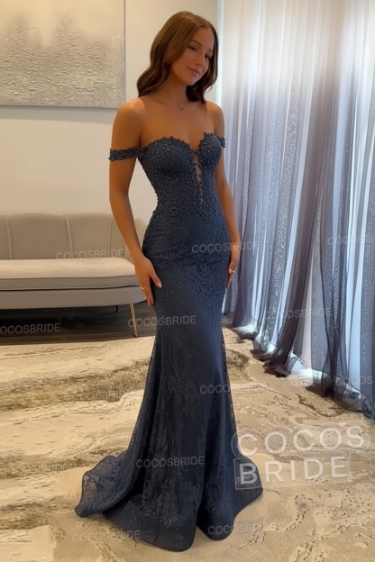 Dark Navy Long Mermaid Off the Shoulder Lace Prom Dress