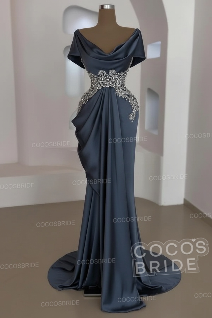 Mermaid Cowl Neck Satin Long Prom Dresses with Short Sleeves
