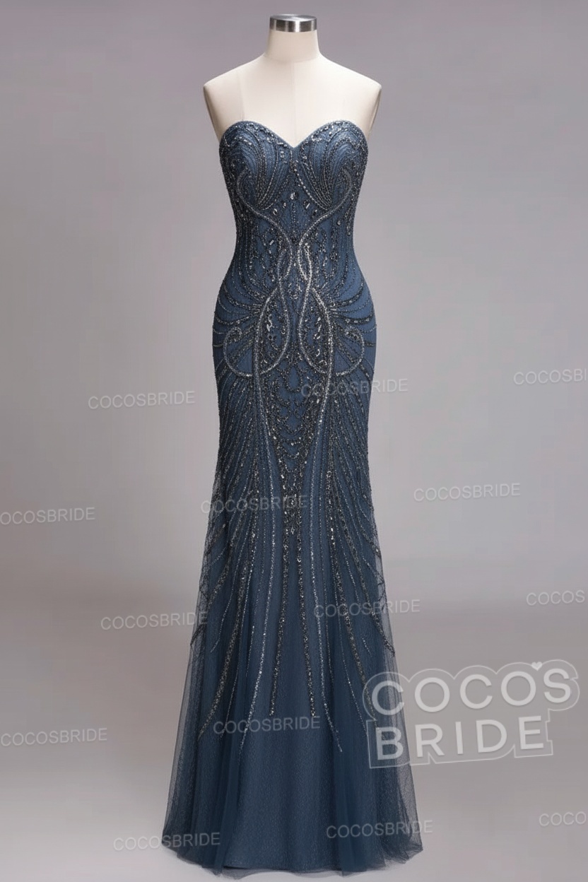 Mermaid Strapless Sweetheart Long Sequined Formal Evening Dresses with Beads