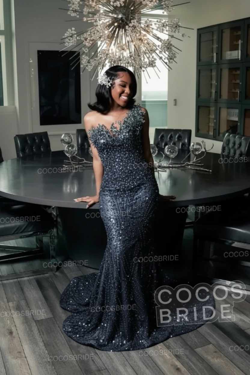 One Shoulder Sleeveless Mermaid Prom Dress with Beaded