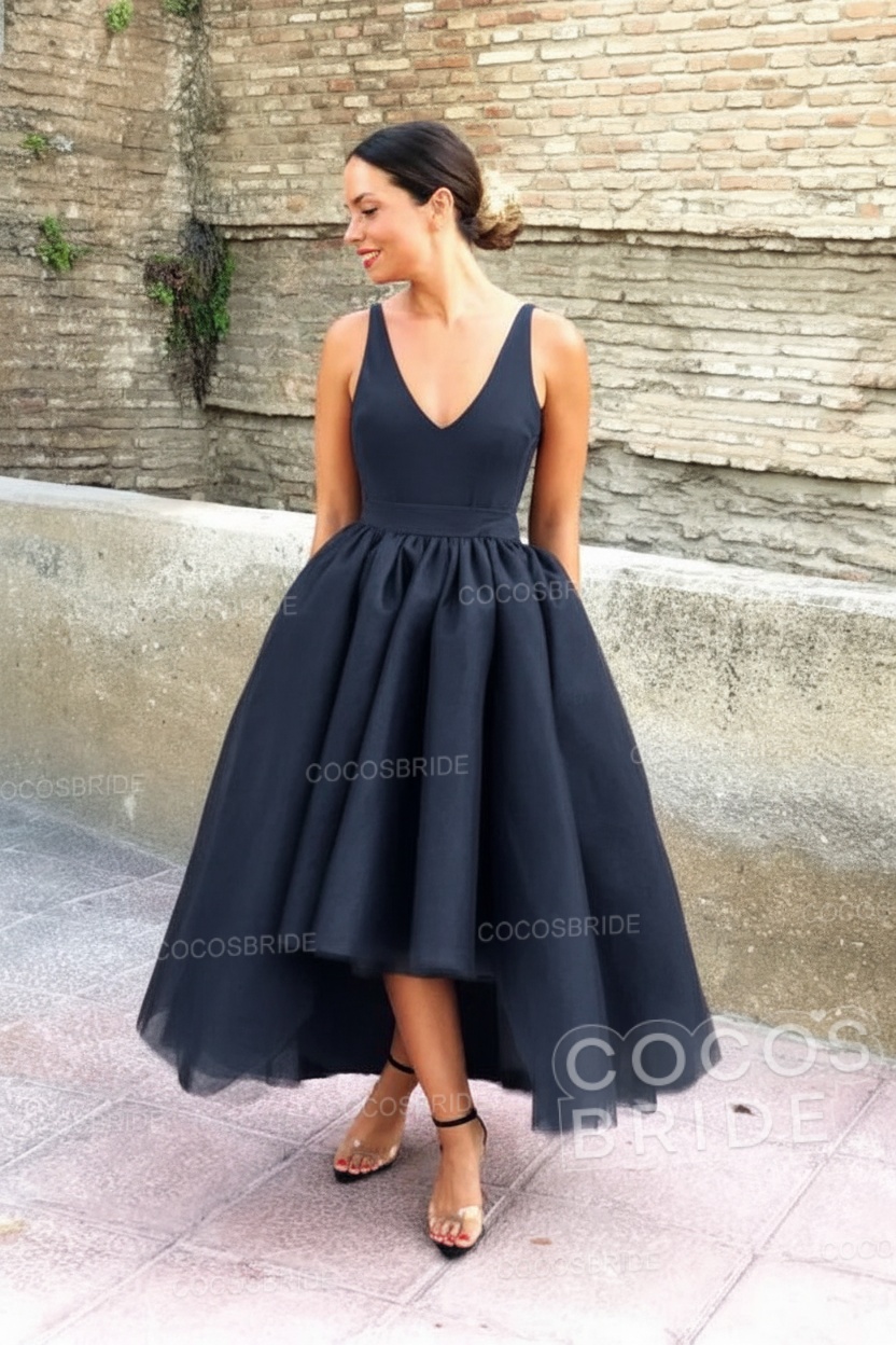 Simple Black V-neck Sleeveless Asymmetrical A-Line Prom Dresses