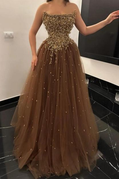 Cocosbride Elegant Strapless A-line Tulle Prom Dress with Beads