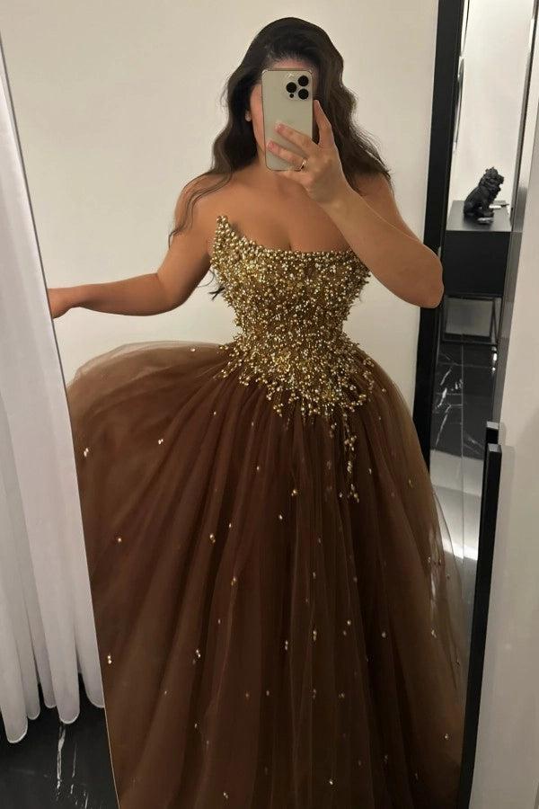 Cocosbride Elegant Strapless A-line Tulle Prom Dress with Beads