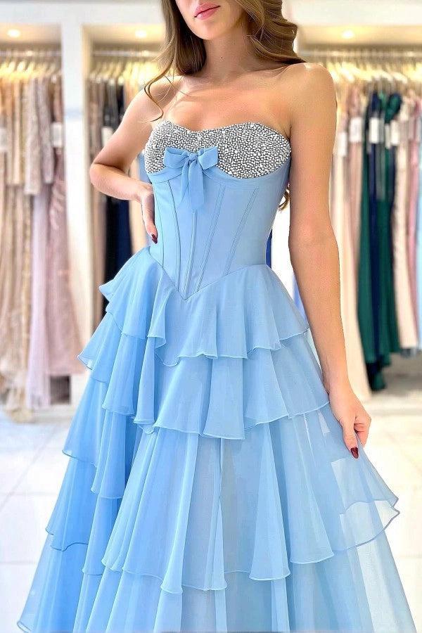 Cocosbride Blue Strapless High-Slit Long A-line Prom Dress with Bow