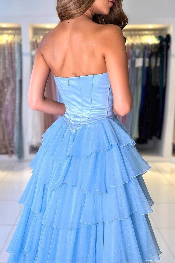 Cocosbride Blue Strapless High-Slit Long A-line Prom Dress with Bow