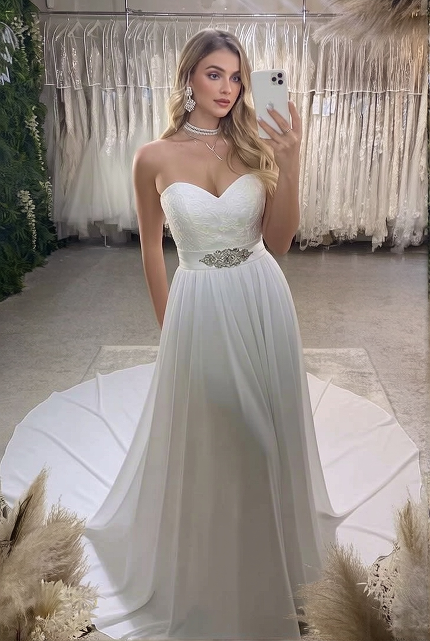 Strapless Lace Chiffon A-line Long Backless Wedding Dress