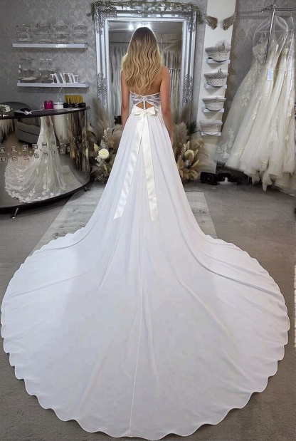 Strapless Lace Chiffon A-line Long Backless Wedding Dress