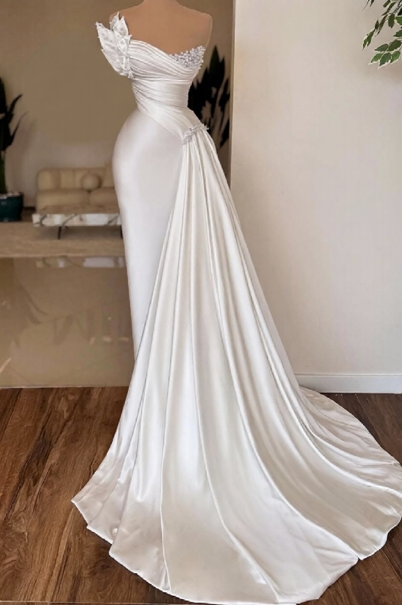 Strapless Mermaid White Satin Long Prom Dress with Beaded