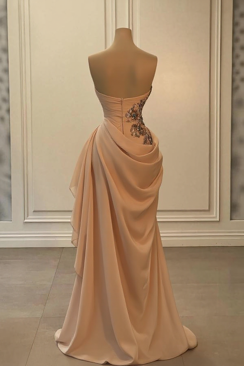 Strapless Sweetheart Mermaid Long Draped Satin Prom Dress with Beads