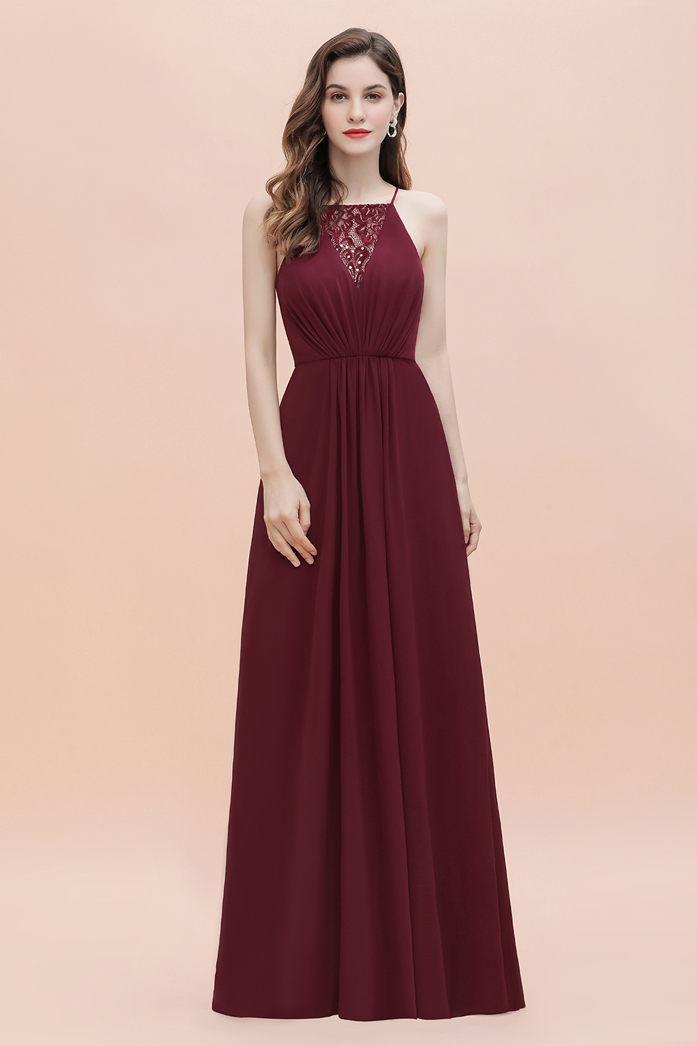 Straps Bateau A-line Sequins Chiffon Long Bridesmaid Dresses
