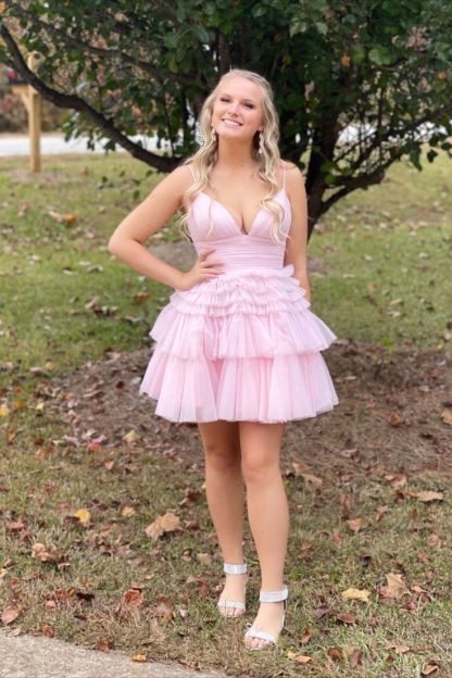 Straps Light Blue V-Neck Ruffle Homecoming Dress