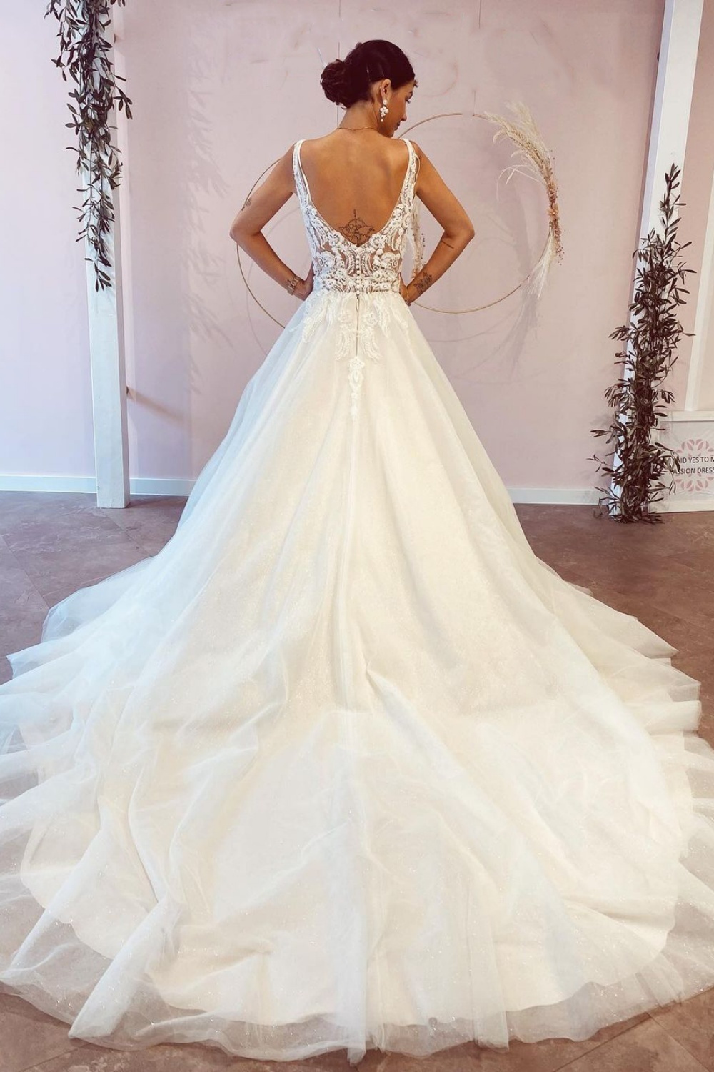Stunning Long A-Line Deep V-neck Backless Wedding Dress With Appliques Lace
