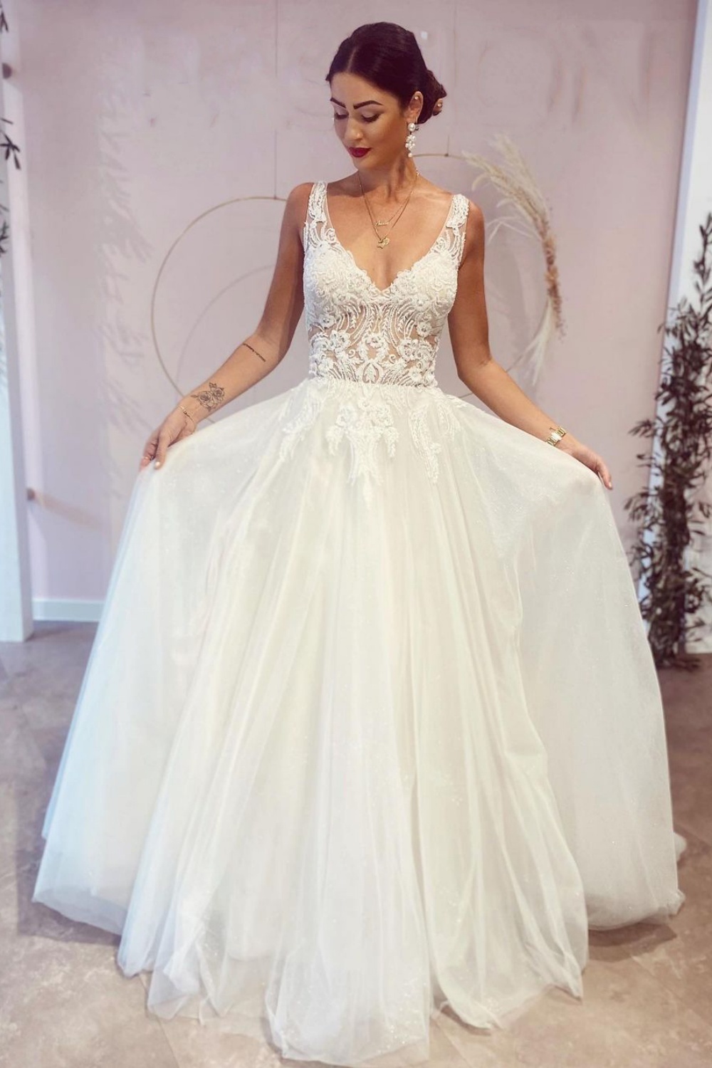 Stunning Long A-Line Deep V-neck Backless Wedding Dress With Appliques Lace