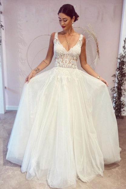 Stunning Long A-Line Deep V-neck Backless Wedding Dress With Appliques Lace
