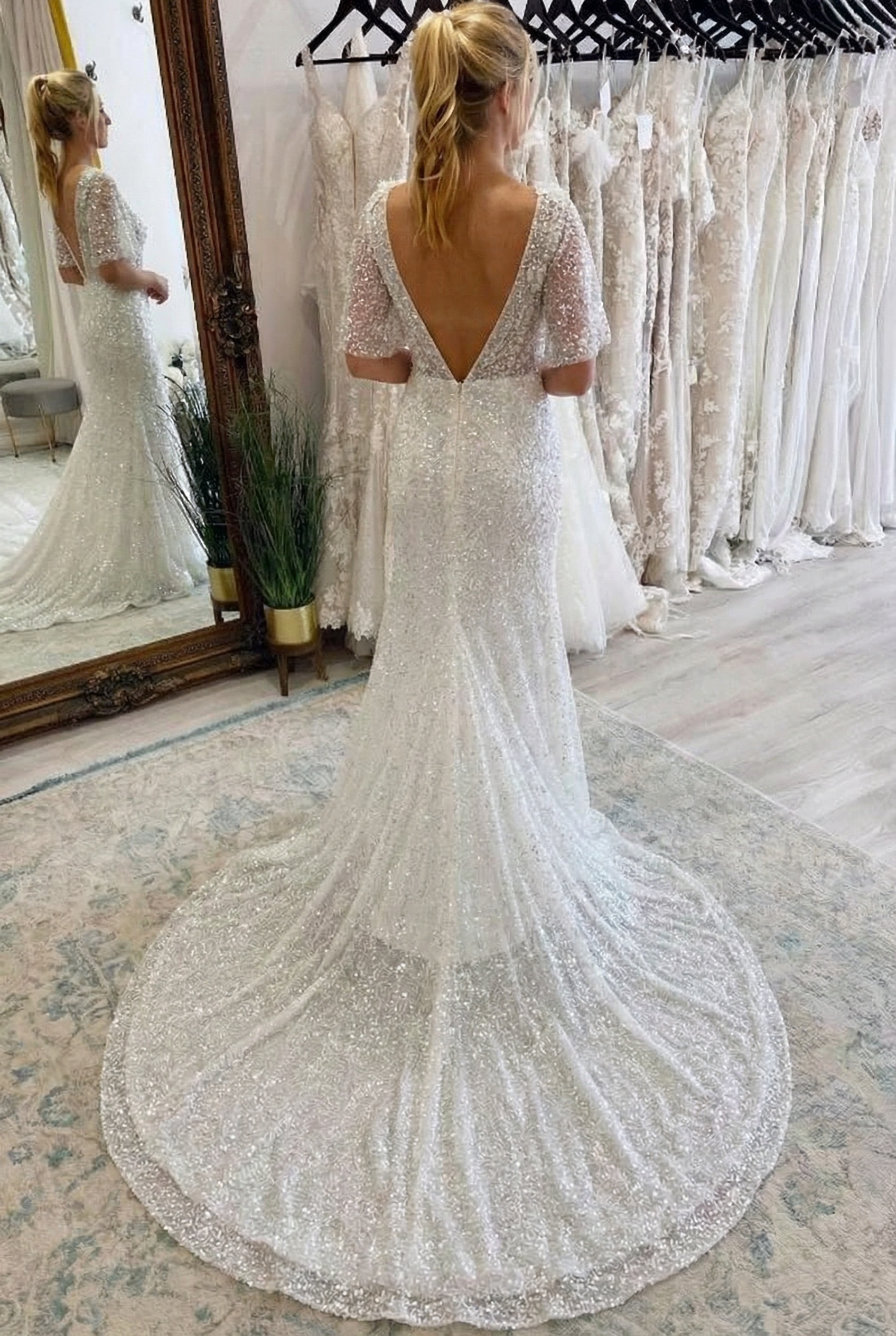 Stunning Long Sequins White Tulle Mermaid Short Sleeve Wedding Dress