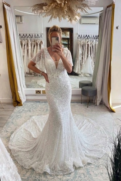 Stunning Long Sequins White Tulle Mermaid Short Sleeve Wedding Dress