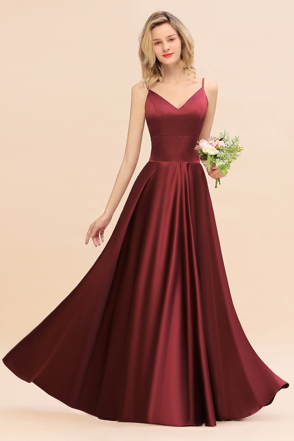 Stunning Spaghetti Straps A-Line V-neck Floor-length Ruched Satin Bridesmaid Dress