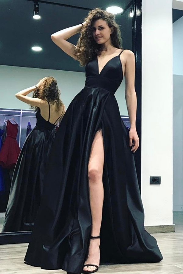 Stylish Black Long V-neck A-Line Floor Length Prom Dress With Side Slit