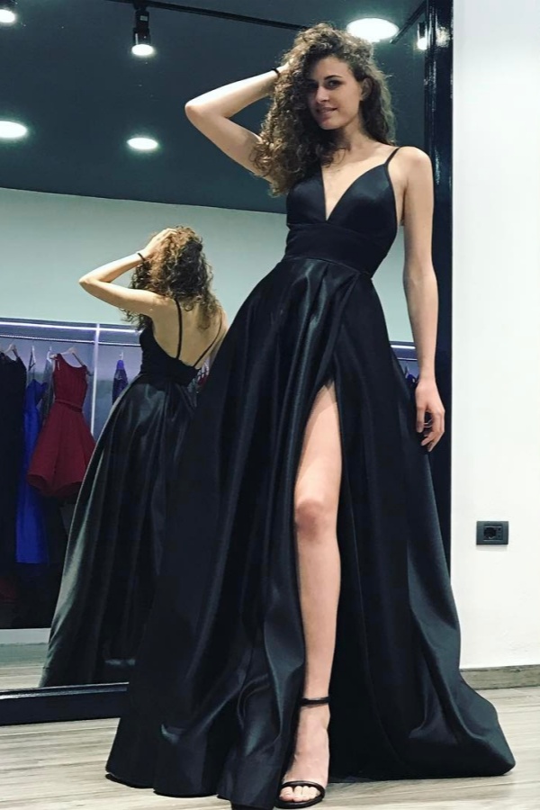 Stylish Black Long V-neck A-Line Floor Length Prom Dress With Side Slit