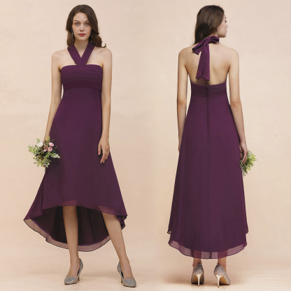 Stylish High Low A-line Halter Chiffon Grape Bridesmaid Dress