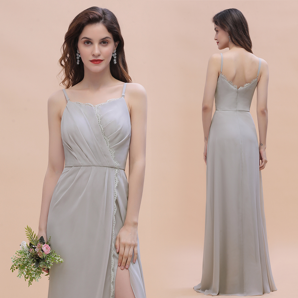 Stylish Spaghetti Straps A-Line Floor-length Bridesmaid Dress With Side Slit