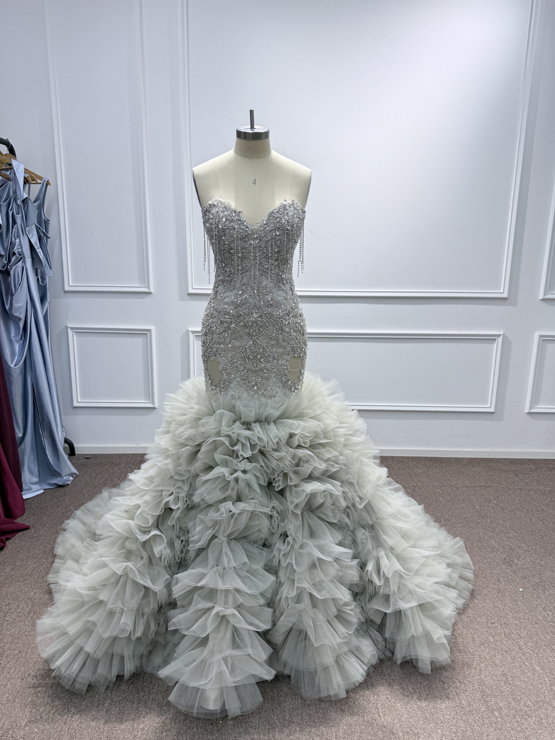 Sweetheart Beading Mermaid Long Prom Dress with Ruffled Train