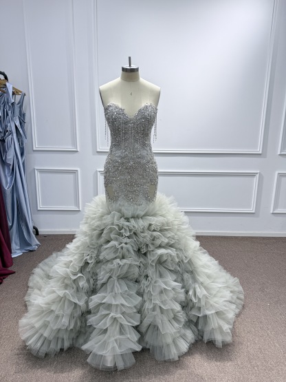 Sweetheart Beading Mermaid Long Prom Dress with Ruffled Train