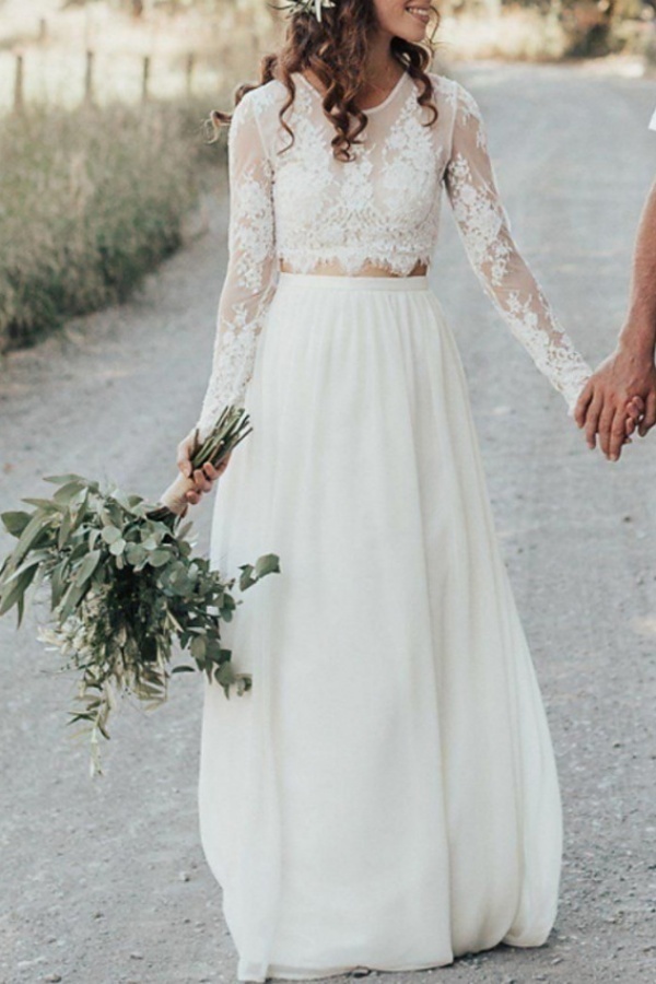 Two Piece Long A-line Jewel Neck Chiffon Lace Boho Wedding Dresses with Sleeves