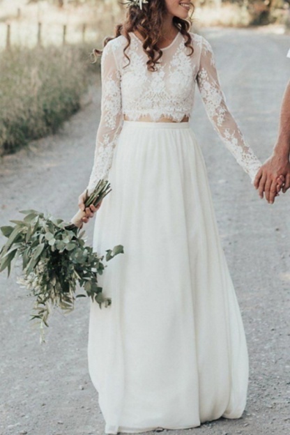 Two Piece Long A-line Jewel Neck Chiffon Lace Boho Wedding Dresses with Sleeves